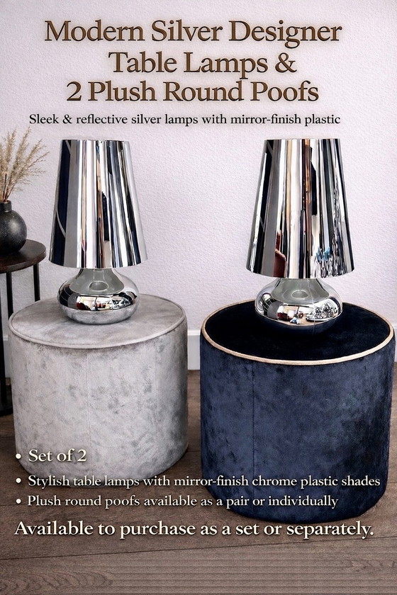 Image 1 of Modern Silver Designer Table Lamps & 2 Plush Round Poofs