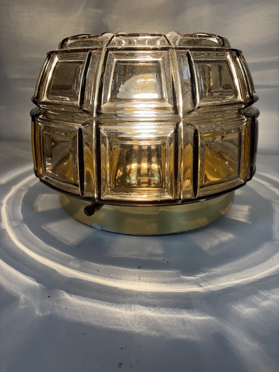 Image 1 of Ceiling and wall lamp made of brass and amber glass, Glashutte Limburg, Germany, 1960s