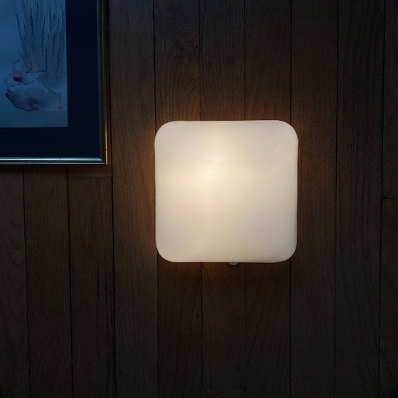 Image 1 of White opaline glass ceiling light, square wall sconce, 1960s-1970s, vintage light fixture, 20 cm