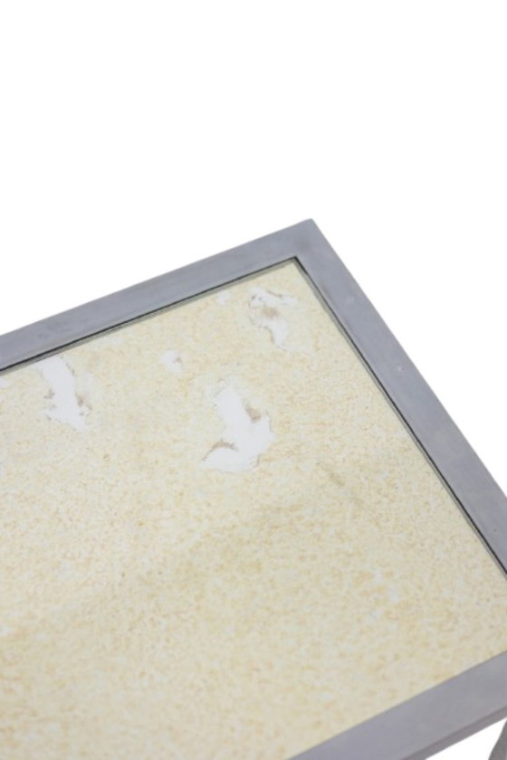 Image 1 of Maison Jansen. Consolle in alluminio spazzolato con piano in vetro verniciato a rovescio. 1970