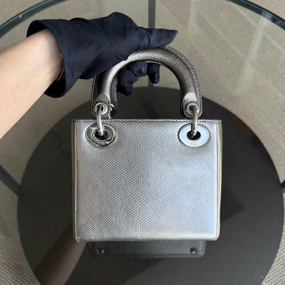 Image 1 of DIOR LADY MINI - LÉZARD EXOTIQUE BICOLE ARGENTÉ