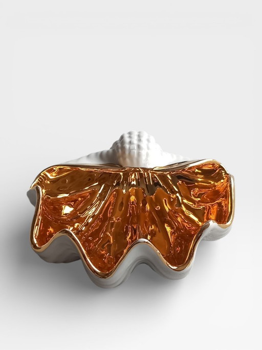 Vintage 1960s porseleinen schelpschaal met goudluster - Hollywood Regency stijl