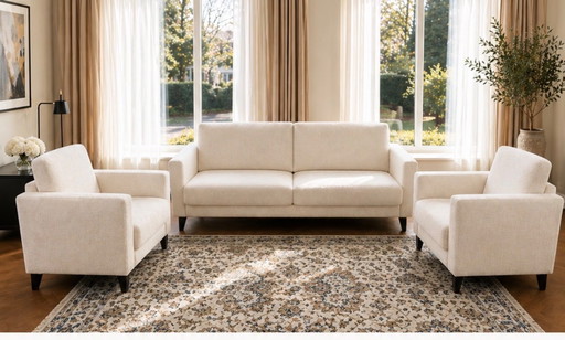 Luxury 3-seater sofa + 2 ecru boucle armchairs | extendable seats