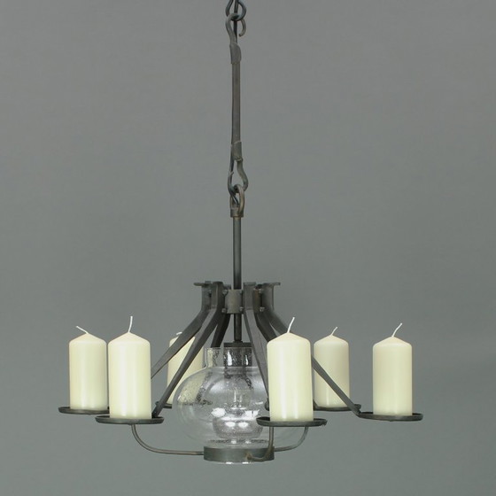 Image 1 of Manfred Bergmeister (1927-2019) - Brutalist handmade wrought bronze pendant lamp / six light candelabra