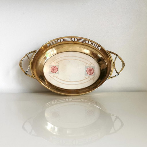 Antigua Bandeja Art Deco De Porcelana Y Latón