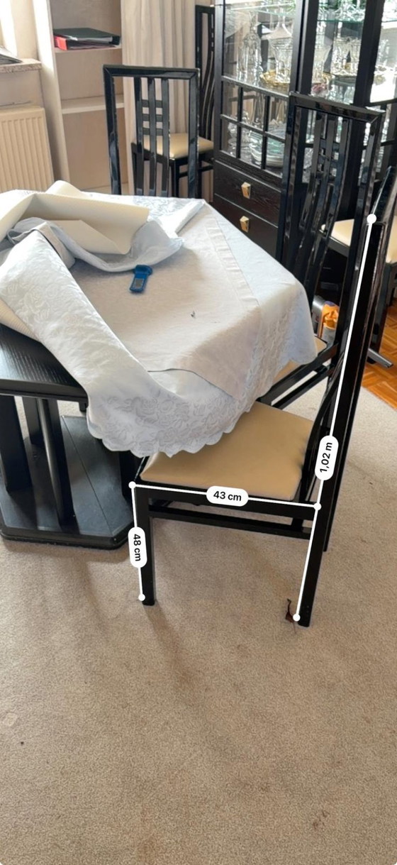 Image 1 of 6 chairs, model Lotus, lacquer, high-gloss, black, seat cushions in leather, apricot