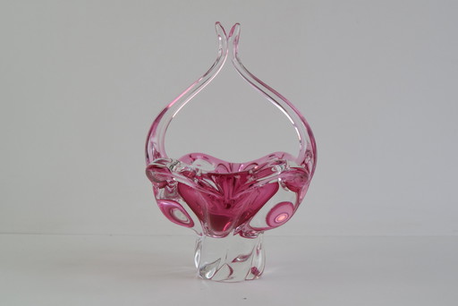 Mid-Century Czech Art Glass Basket Bowl by Josef Hospodka