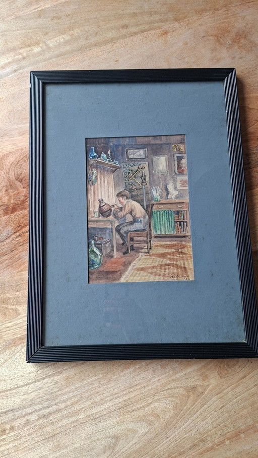 Antiek Interieur – De Plateelschilder (1925) – Gesigneerd & Gedateerd