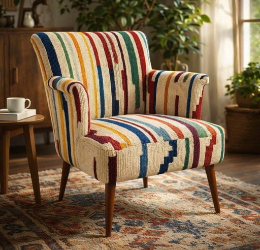 Moroccan Handmade Accent Chair, Colorful Woven Armchair, Mid Century Modern Lounge Chair, Boho Upholstered Chair