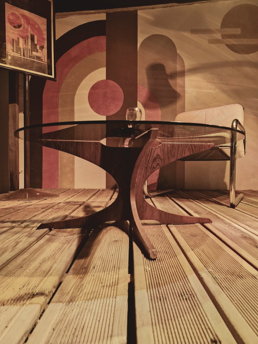 Vintage coffee table from the 1960s/70s after Hugues Poignant, smoked glass & teak