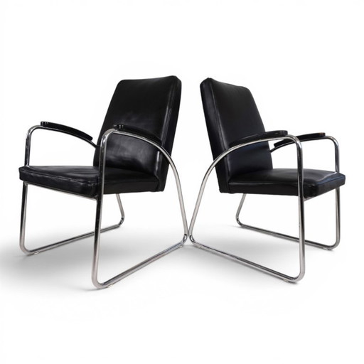 Set van 2 Bauhaus Streamline leren fauteuils met buisvormig stalen frame, 1930