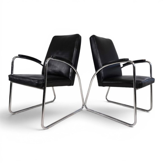 Image 1 of Set van 2 Bauhaus Streamline leren fauteuils met buisvormig stalen frame, 1930