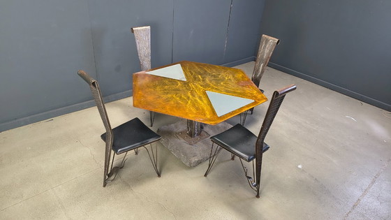 Image 1 of Handgemaakte eethoek van staal en steen, jaren 70 - vintage eethoek - handgemaakte eethoek - postmoderne eettafel en stoelen