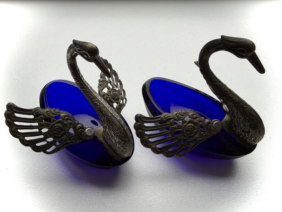 Image 1 of Zout & Specerijenhouder - zilver 800 - kobalt kristal - 1940/1950