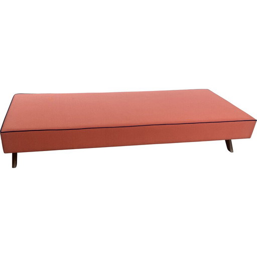 Vintage-Tagesbett aus massivem Teakholz und Baumwollgewebe von Jeanneret, Frankreich 1957