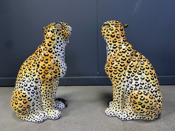 Image 1 of Pair of Italian Glazed Terracotta Leopard Figures, 1960s