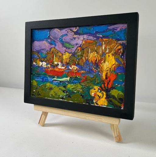 Original Oil Painting Colorful Autumn Landscape Under yellow leaves