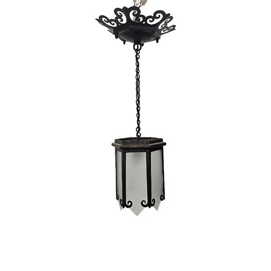 Wrought Iron Arts and Crafts Pendant Lamp, From Around 1900 – Glass (photo 2 of 7)