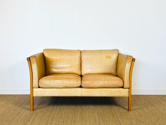 Image 1 of Vintage Scandinavian 2-seater sofa in beige leather and wood by Stouby, 1960s