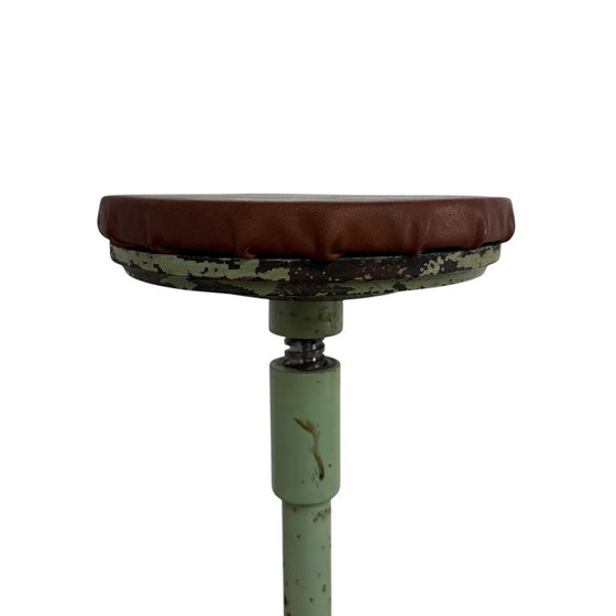 Adjustable stool, mint green metal and brown leather, Vintage (photo 6 of 13)