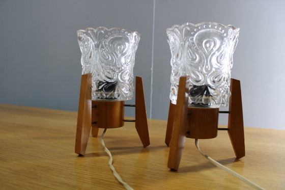 Image 1 of Pair Czech 1970s Wood and Yellow Glass Mid Century Table Lamps