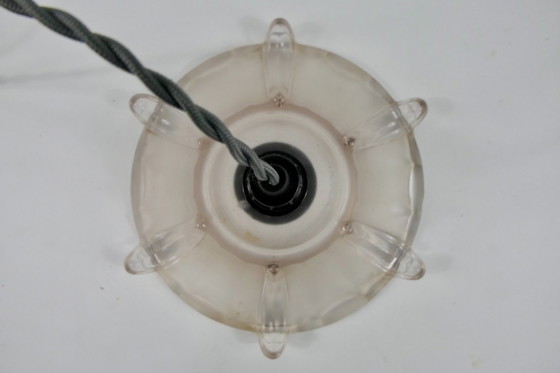 Image 1 of Vintage art deco pendant lamp with a frosted ribbed block-shaped glass shade in Ezan style.