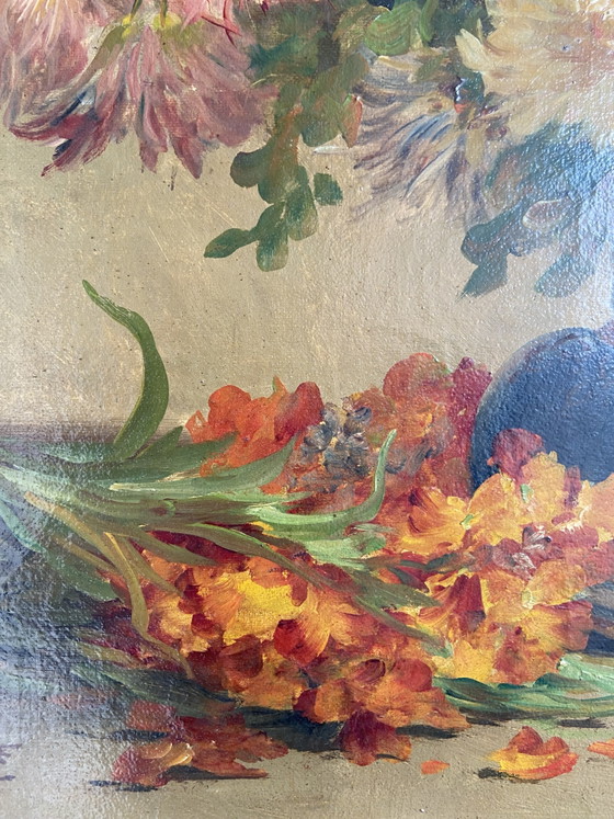 Signed Floral Still Life by Edmond Van Coppenolle, Oil on Canvas, 19th Century – Paintings & Drawings, Wood (photo 10 of 11)