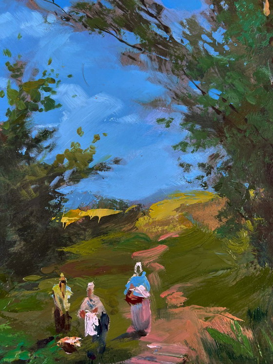 Original Oil Painting Summer River Landscape At the Village Shore – Paintings & Drawings, Mdf (photo 6 of 9)