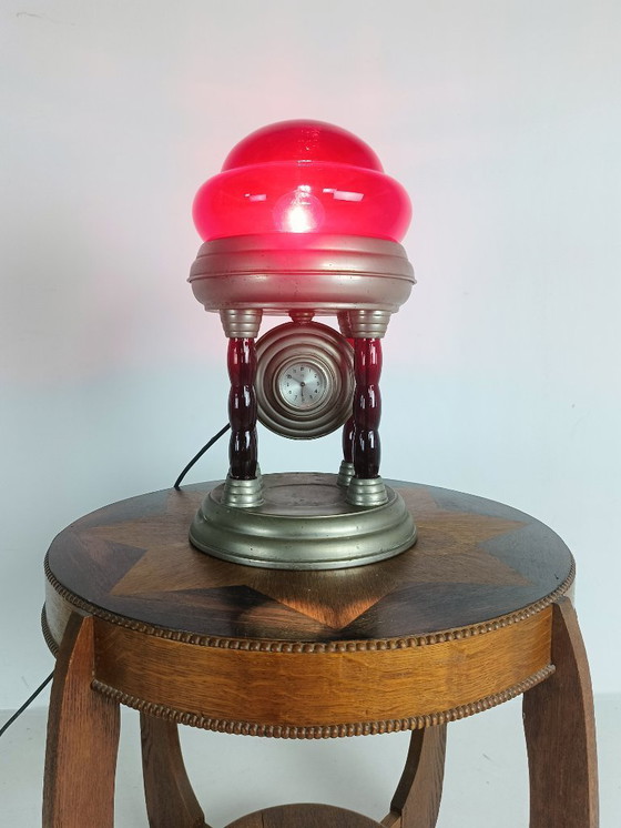 Image 1 of Unique Vintage Tin Lamp with Clock Mechanism from Italy