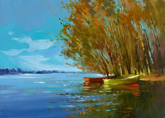 Image 1 of Original Oil Painting Coastal River Landscape Between water and trees