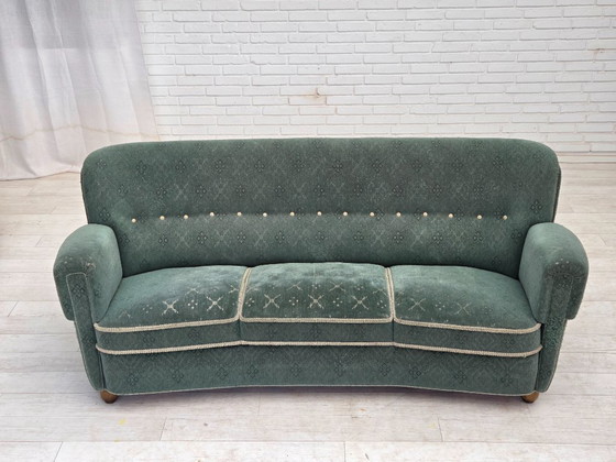 Image 1 of 1960s, Danish 3-seater curved sofa, light green furniture fabric, original condition.