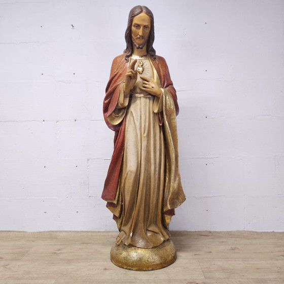 Image 1 of 2 Grote Antieke Heilig Hart jezus Beelden (GerardLinssen) 2 Antique Sacred Heart Jesus Statues (1900)