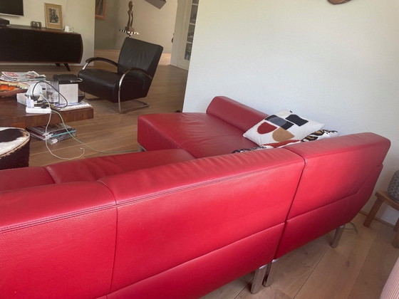 Image 1 of Red leather corner sofa Design in stock/Pode/Bloq. Has been sat on, but no scratches or damage. First owner.