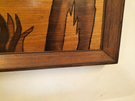 Image 1 of Tableau mural vintage en bois style milieu du siècle par Michelli – Grand panneau représentant une scène de chasse
