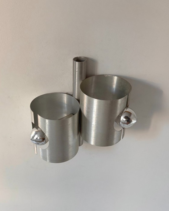 Paar vintage dubbele wandlampen van geborsteld metaal, Frankrijk 1970 – Aluminium (photo 5 of 7)