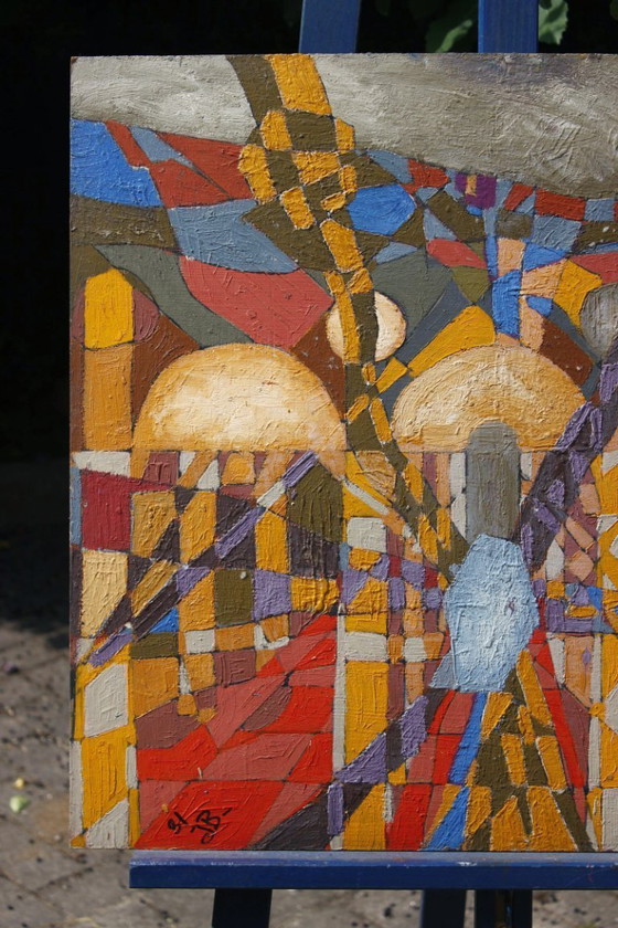 Image 1 of Jean Besnard (1922-2007) Huile sur carton abstraction géométrique Op Art 1981