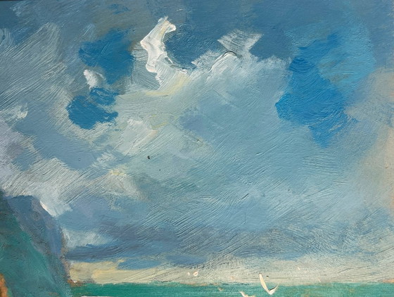 Image 1 of Peinture à l'huile originale représentant un paysage marin côtier. Navigation vers le rivage en bateau.