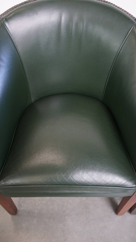 Image 1 of 2 x Beistell-/Ess-/Bürostuhl aus grünem Rindsleder und Holz im englischen Stil