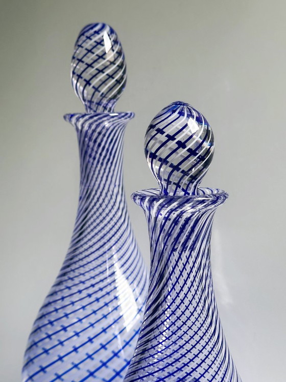 Image 1 of Bottle Set Pasabahce Crystal Glass Decanter Carafe Swirl Thread Glass Vase Cobalt Blue Bülbül Turkish Mid - Century White
