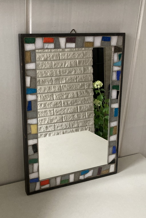 Retro/vintage branded mirror with inlaid edge of mosaic pebbles, 1960s