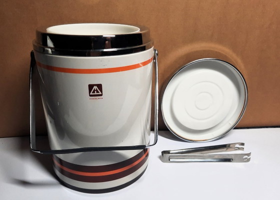 Image 1 of Vintage 1970s Himalaya Ice Jar – Retro Orange Stripes Ice Bucket with Tongs – Mid-Century Bar Essential