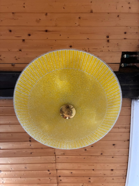Vintage Mid-Century Glass Ceiling Light with White Rod (3 Light Points), DDR / Space Age, Metal, Gold (photo 3 of 6)