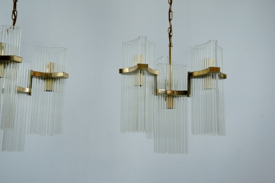 Image 1 of Coppia di lampadari in ottone e vetro di Gaetano Sciolari, Italia, anni '70