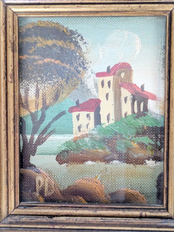 Image 1 of Pair of Small Italian Oil Paintings, Floral and Landscape, Gilded Wood Frames, Signed