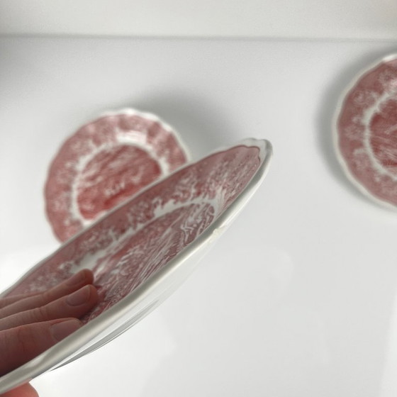 Image 1 of Set van 6 Italiaanse dessertbordjes met een Engels design en een rood patroon.