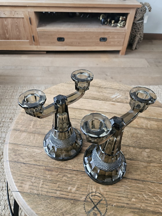 Image 1 of Bellissimo set di candelabri vintage Art Déco in vetro fumé (20 cm)
