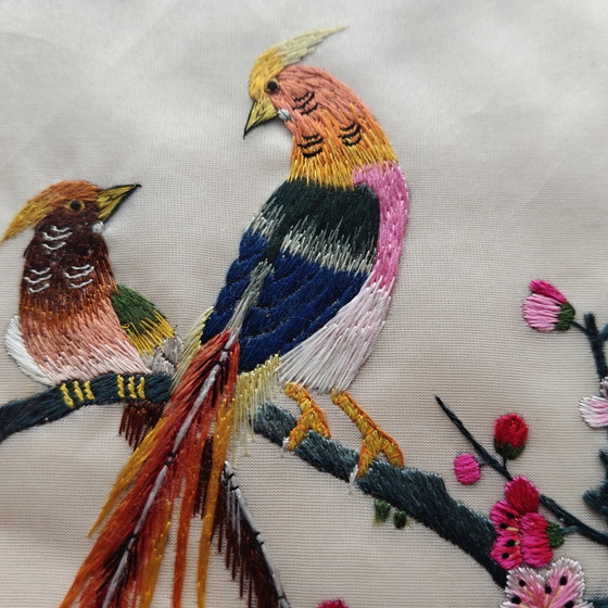 Image 1 of Vintage Chinese Silk Embroidery Birds Wall Art – Framed Mid Century Textile
