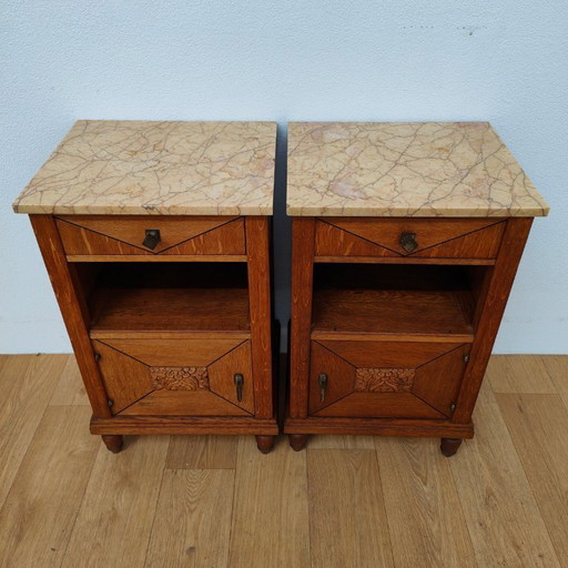 Set Vintage Art Deco nachtkastjes, bijzetkastjes marmer blad