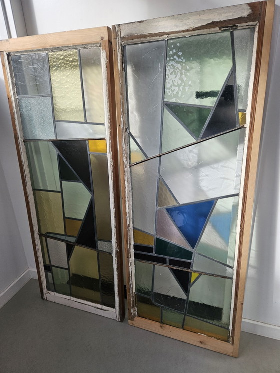 Set of antique Art Deco stained glass windows 50x130 cm., Decorative Objects, Metal, Wood, Multi Color (photo 11 of 14)