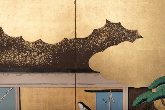 Image 1 of Antico paravento giapponese a sei pannelli con raffigurazione della storia di Genji.
